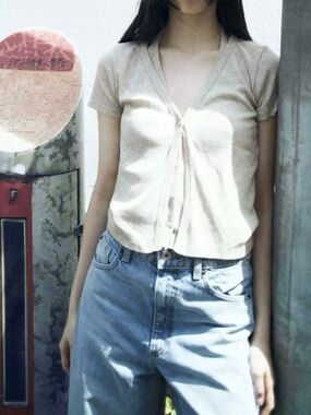 Zara Beige Short-Sleeve V-Neck Button Front Top
